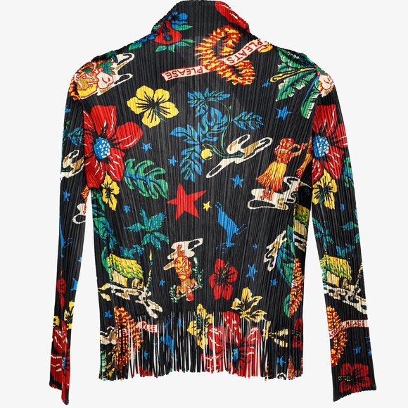 Pleats Please Issey Miyake Hawaii Motif Black Fringe-Hem Cardigan, Size XL - Picture 2 of 9